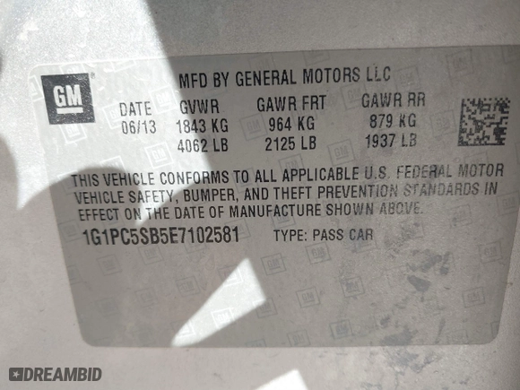 2014 Chevrolet Cruze 1LT with VIN 1G1PC5SB5E7102581, listed as a IAAI auction lot 41461129 with 65,405 mi miles. Bid and sale history available at carsss.com. Image 9.