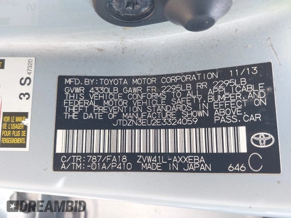 2014 Toyota Prius Two with VIN JTDZN3EU2E3324059, listed as a IAAI auction lot 42639410 with 267,454 mi miles and . Bid and sale history available at DreamBid. Image 9.