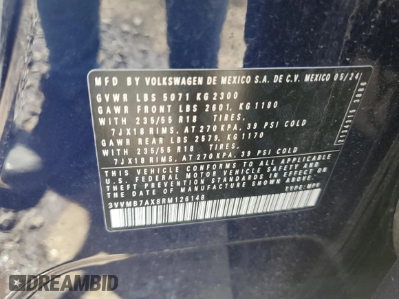 2024 Volkswagen Tiguan SE с VIN 3VVMB7AX8RM126148, выставлен на аукционе Copart как лот 54236005 с пробегом 3 110 миль миль и Чистый • Clean title. История ставок и продаж доступна на DreamBid. Изображение 13.