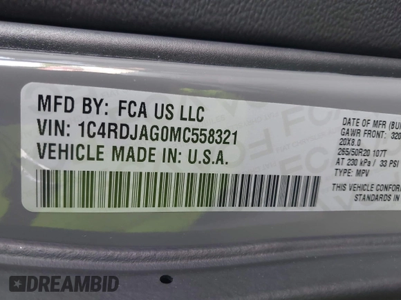 2021 Dodge Durango SXT Plus with VIN 1C4RDJAG0MC558321, listed as a IAAI auction lot 39679795 with 69,071 mi miles and . Bid and sale history available at DreamBid. Image 9.