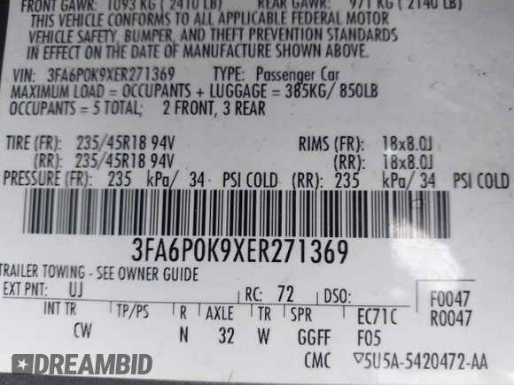 2014 Ford Fusion Titanium with VIN 3FA6P0K9XER271369, listed as a IAAI auction lot 41622854 with 187,471 mi miles. Bid and sale history available at carsss.com. Image 9.