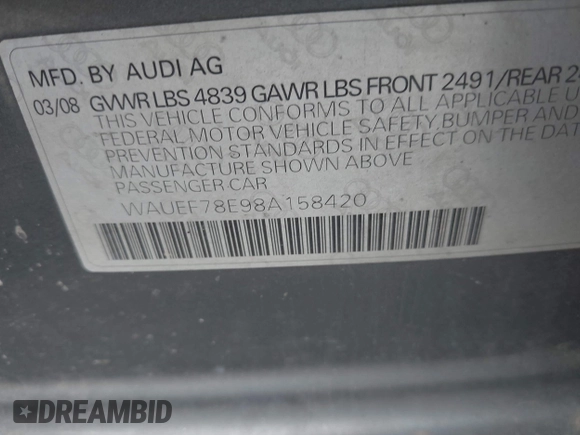 2008 Audi A4 2.0T with VIN WAUEF78E98A158420, listed as a IAAI auction lot 42637271 with 233,847 mi miles and . Bid and sale history available at DreamBid. Image 9.