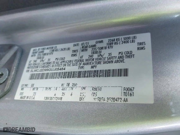 2016 Lincoln MKC Select with VIN 5LMCJ2D99GUJ05484, listed as a IAAI auction lot 41834395 with NaN miles. Bid and sale history available at carsss.com. Image 9.