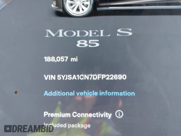 2013 Tesla Model S with VIN 5YJSA1CN7DFP22690, listed as a IAAI auction lot 40981089 with 188,057 mi miles. Bid and sale history available at carsss.com. Image 16.