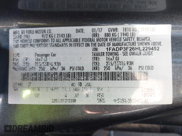 2017 Ford Focus SE with VIN 1FADP3F26HL229452, listed as a IAAI auction lot 41882192 with 83,499 mi miles. Bid and sale history available at carsss.com. Image 9.