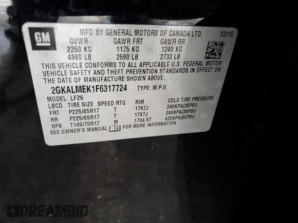 2015 GMC Terrain SLE z VIN 2GKALMEK1F6317724, wystawiony jako Copart lot #60283075 z przebiegiem 118 308 mil mil oraz Szkoda całkowita • Salvage title. Historia ofert i sprzedaży dostępna na DreamBid. Obrazek 12.