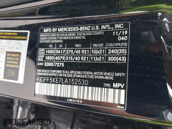 2020 Mercedes-Benz GLS 450 with VIN 4JGFF5KE7LA152530, listed as a IAAI auction lot 42440385 with 51,865 mi miles and . Bid and sale history available at DreamBid. Image 9.