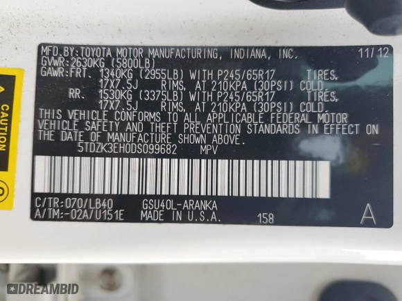 2013 Toyota Highlander with VIN 5TDZK3EH0DS099682, listed as a Copart auction lot 51781675 with 114,190 mi miles and Salvage Title. Bid and sale history available at carsss.com. Image 13.