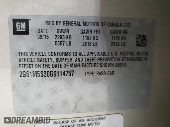 2016 Cadillac XTS Luxury Collection with VIN 2G61M5S30G9114757, listed as a Copart auction lot 47976655 with 57,253 mi miles and Salvage Title. Bid and sale history available at carsss.com. Image 12.