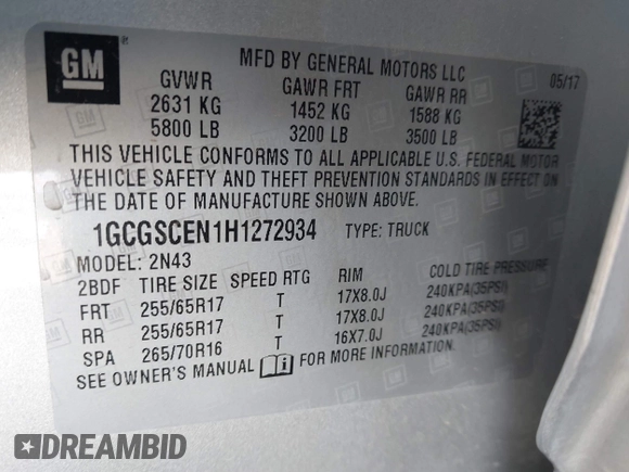 2017 Chevrolet Colorado 2WD LT z VIN 1GCGSCEN1H1272934, wystawiony jako IAAI lot #42046614 z przebiegiem 96 692 mil mil oraz . Historia ofert i sprzedaży dostępna na DreamBid. Obrazek 9.