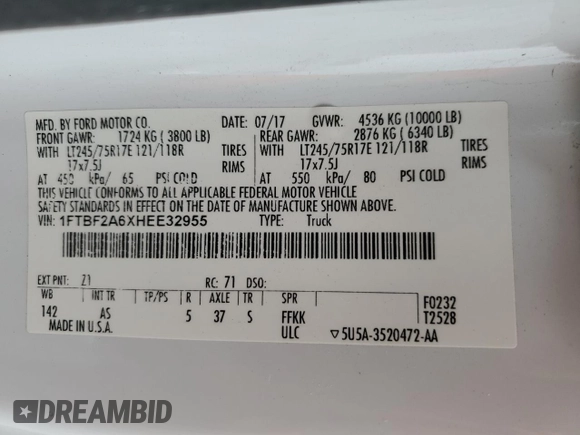 2017 Ford F-250 XL with VIN 1FTBF2A6XHEE32955, listed as a Copart auction lot 43188895 with 170,418 mi miles and Salvage title. Bid and sale history available at DreamBid. Image 12.