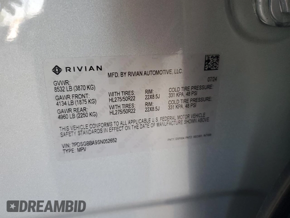 2025 Rivian R1S Adventure z VIN 7PDSGBBA9SN052652, wystawiony jako Copart lot #51659315 z przebiegiem 4012 mil mil oraz Szkody całkowita. Historia ofert i sprzedaży dostępna na DreamBid. Obrazek 15.