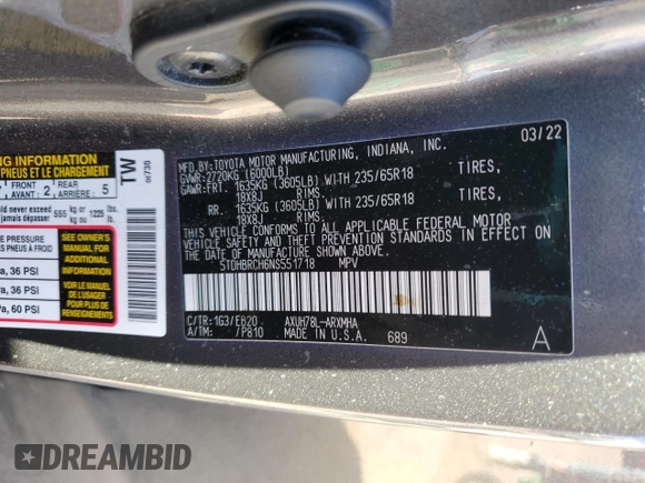 2022 Toyota Highlander Hybrid XLE z VIN 5TDHBRCH6NS551718, wystawiony jako Copart lot #47105095 z przebiegiem 116 263 mil mil oraz Szkoda całkowita • Salvage title. Historia ofert i sprzedaży dostępna na DreamBid. Obrazek 14.