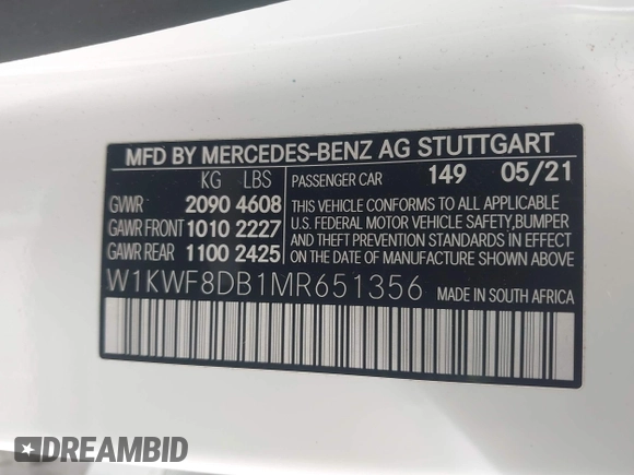 2021 Mercedes-Benz C 300 with VIN W1KWF8DB1MR651356, listed as a IAAI auction lot 41933177 with 70,027 mi miles and . Bid and sale history available at carsss.com. Image 9.