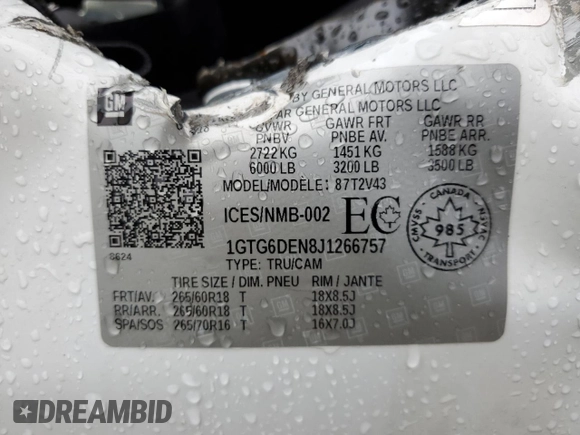 2018 GMC Canyon 4WD SLT with VIN 1GTG6DEN8J1266757, listed as a Copart auction lot 54166315 with Not provided miles and Salvage title. Bid and sale history available at DreamBid. Image 12.