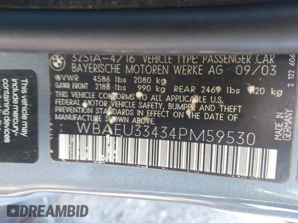 2004 BMW 3 Series 325xi with VIN WBAEU33434PM59530, listed as a IAAI auction lot 42310083 with Not provided miles and . Bid and sale history available at DreamBid. Image 9.