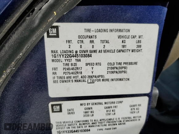 2004 Chevrolet Corvette with VIN 1G1YY22G445103084, listed as a Copart auction lot 76530724 with 0 mi miles and Non Repairable. Bid and sale history available at carsss.com. Image 13.