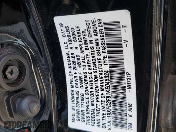 2019 Honda Civic Sport with VIN 19XFC2F81KE045324, listed as a Copart auction lot 53576965 with 110,836 mi miles and Salvage title. Bid and sale history available at DreamBid. Image 12.