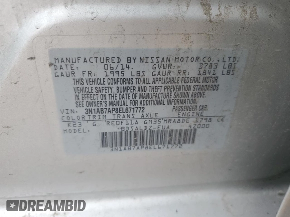 2014 Nissan Sentra S with VIN 3N1AB7AP8EL671772, listed as a Copart auction lot 51105295 with Not Provided miles and Salvage Title. Bid and sale history available at DreamBid. Image 12.