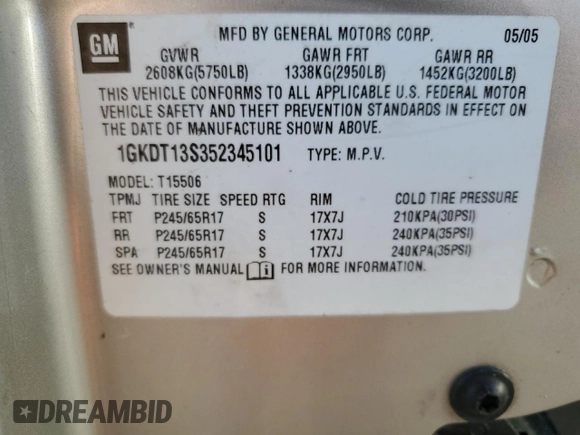2005 GMC Envoy SLE with VIN 1GKDT13S352345101, listed as a Copart auction lot 47521625 with 67,980 mi miles and Salvage Title. Bid and sale history available at carsss.com. Image 13.