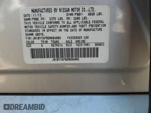 2014 Infiniti Q50 Sport with VIN JN1BV7AP8EM684880, listed as a Copart auction lot 53920175 with 104,519 mi miles and Clean title. Bid and sale history available at DreamBid. Image 12.