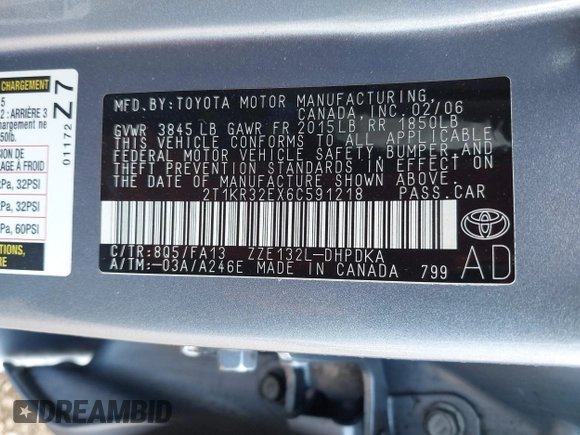 2006 Toyota Matrix STD with VIN 2T1KR32EX6C591218, listed as a IAAI auction lot 41703280 with 130,863 mi miles and . Bid and sale history available at DreamBid. Image 9.