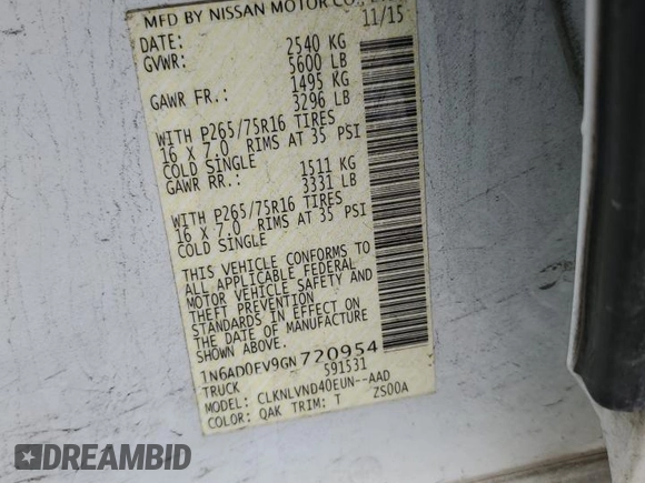 2016 Nissan Frontier SV with VIN 1N6AD0EV9GN720954, listed as a Copart auction lot 51855205 with Not provided miles and Salvage title. Bid and sale history available at DreamBid. Image 12.