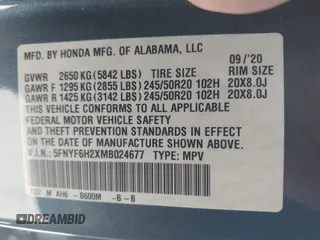 2021 Honda Pilot Special Edition with VIN 5FNYF6H2XMB024677, listed as a IAAI auction lot 41748498 with 42,249 mi miles and . Bid and sale history available at DreamBid. Image 9.
