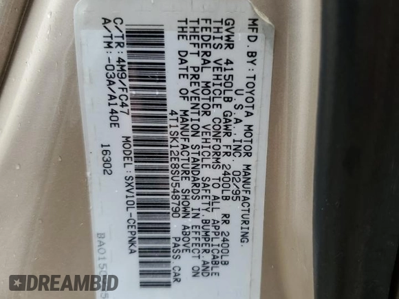 1995 Toyota Camry LE with VIN 4T1SK12E8SU548790, listed as a Copart auction lot 59390925 with 207,392 mi miles and Salvage title. Bid and sale history available at DreamBid. Image 13.