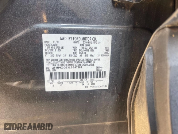 2020 Ford Edge SE z VIN 2FMPK3G93LBB47281, wystawiony jako Copart lot #54109485 z przebiegiem 73 460 mil mil oraz Nie do naprawy • Non repairable. Historia ofert i sprzedaży dostępna na DreamBid. Obrazek 10.