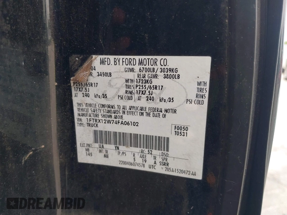 2004 Ford F-150 STX with VIN 1FTRX12W74FA06102, listed as a IAAI auction lot 42578235 with 300,791 mi miles and . Bid and sale history available at DreamBid. Image 9.