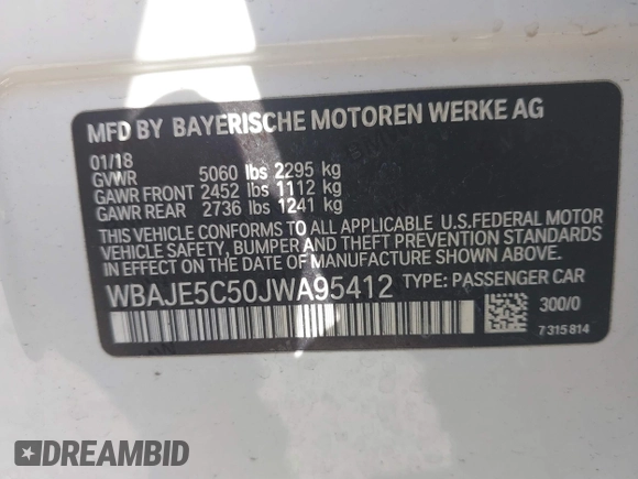 2018 BMW 5 Series 540i with VIN WBAJE5C50JWA95412, listed as a IAAI auction lot 41502258 with 74,150 mi miles and . Bid and sale history available at carsss.com. Image 9.