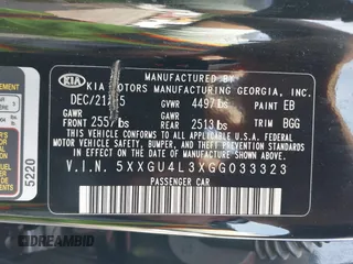 2016 Kia Optima EX with VIN 5XXGU4L3XGG033323, listed as a IAAI auction lot 42088998 with 134,686 mi miles and . Bid and sale history available at carsss.com. Image 9.
