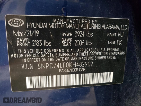 2019 Hyundai Elantra SE with VIN 5NPD74LF0KH482902, listed as a Copart auction lot 54088415 with 63,592 mi miles and Clean Title. Bid and sale history available at DreamBid. Image 12.