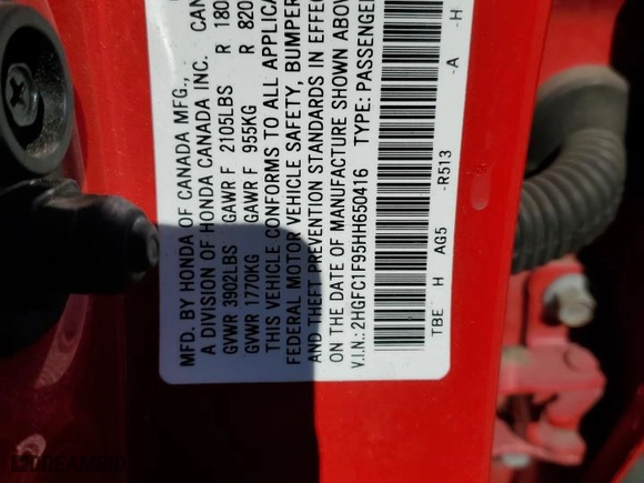 2017 Honda Civic Sedan Touring with VIN 2HGFC1F95HH650416, listed as a Copart auction lot 48398695 with 142,574 mi miles and Salvage Title. Bid and sale history available at carsss.com. Image 14.