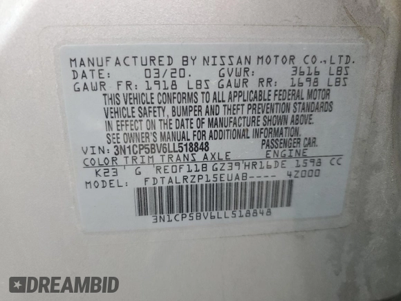2020 Nissan Kicks S with VIN 3N1CP5BV6LL518848, listed as a Copart auction lot 42243195 with 56,749 mi miles and Salvage Title. Bid and sale history available at DreamBid. Image 13.