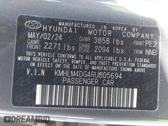 2024 Hyundai Elantra SEL z VIN KMHLM4DG4RU805694, wystawiony jako IAAI lot #41893956 z przebiegiem 4 856 mil mil oraz . Historia ofert i sprzedaży dostępna na DreamBid. Obrazek 9.