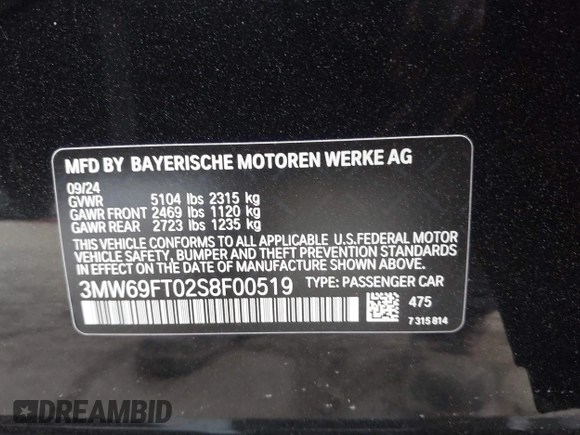 2025 BMW 3 Series M340i xDrive with VIN 3MW69FT02S8F00519, listed as a IAAI auction lot 41150515 with 715 mi miles. Bid and sale history available at carsss.com. Image 9.