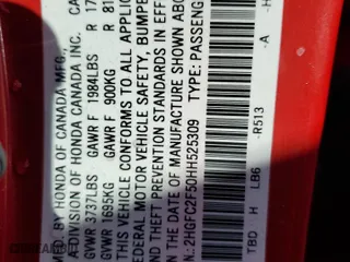 2017 Honda Civic Sedan LX with VIN 2HGFC2F50HH525309, listed as a Copart auction lot 45356645 with 0 mi miles and Salvage Title. Bid and sale history available at carsss.com. Image 13.