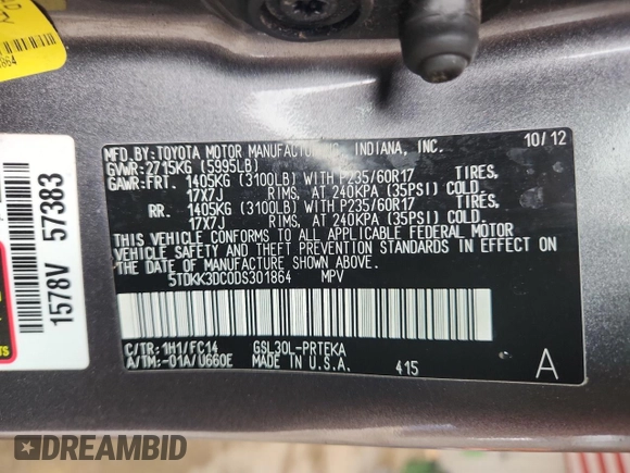 2013 Toyota Sienna LE AAS with VIN 5TDKK3DC0DS301864, listed as a Copart auction lot 62287335 with 195,075 mi miles and Clean title. Bid and sale history available at DreamBid. Image 13.