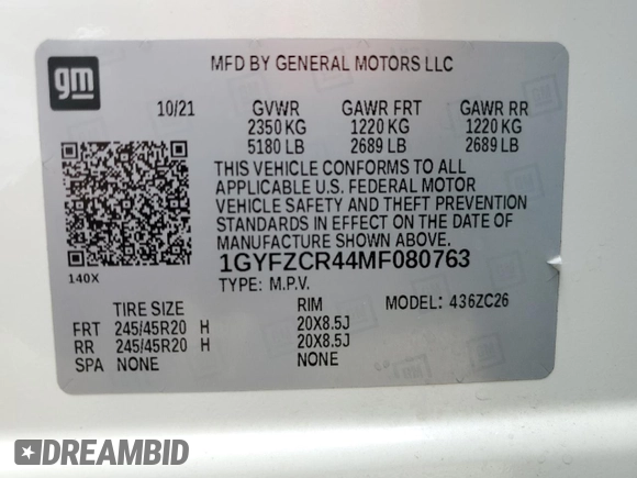 2021 Cadillac XT4 FWD Premium Luxury with VIN 1GYFZCR44MF080763, listed as a Copart auction lot 54059525 with 46,319 mi miles and Salvage Title. Bid and sale history available at carsss.com. Image 14.