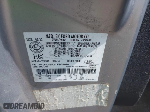 2012 Ford F-150 XL с VIN 1FTFX1EF2CFB04970, выставлен на аукционе IAAI как лот 42518177 с пробегом 175 712 миль миль и . История ставок и продаж доступна на DreamBid. Изображение 9.