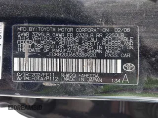 2008 Toyota Prius with VIN JTDKB20U683389920, listed as a IAAI auction lot 42223060 with 256,828 mi miles and . Bid and sale history available at DreamBid. Image 9.