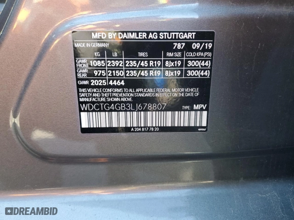 2020 Mercedes-Benz GLA with VIN WDCTG4GB3LJ678807, listed as a Copart auction lot 48190195 with 55,702 mi miles and Salvage Title. Bid and sale history available at carsss.com. Image 14.