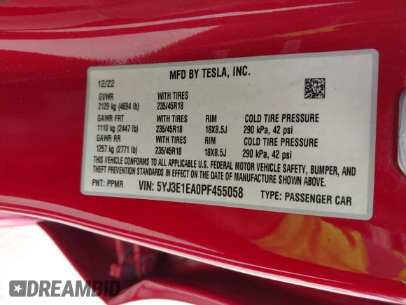 2023 Tesla Model 3 with VIN 5YJ3E1EA0PF455058, listed as a IAAI auction lot 42201618 with 31,147 mi miles and . Bid and sale history available at DreamBid. Image 9.