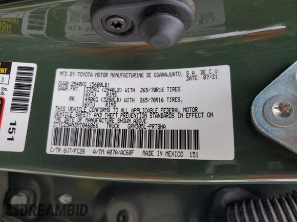 2021 Toyota Tacoma SR z VIN 3TYCZ5AN3MT046066, wystawiony jako Copart lot #54785665 z przebiegiem 57 897 mil mil oraz Szkoda całkowita • Salvage title. Historia ofert i sprzedaży dostępna na DreamBid. Obrazek 12.