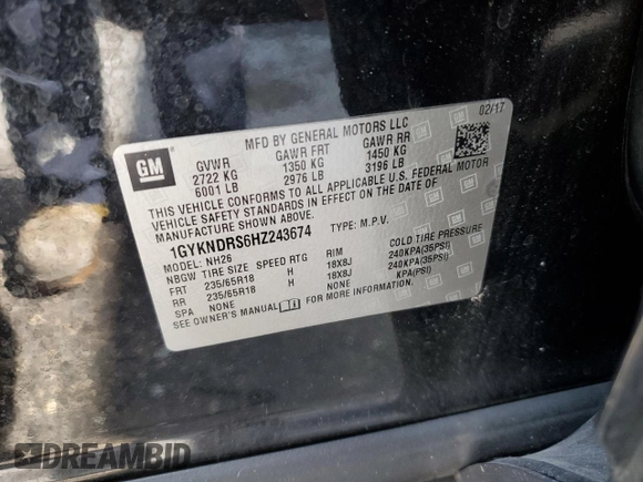 2017 Cadillac XT5 Luxury AWD with VIN 1GYKNDRS6HZ243674, listed as a Copart auction lot 59569145 with 74,550 mi miles and Salvage title. Bid and sale history available at DreamBid. Image 14.