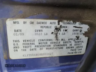 2009 Chevrolet Aveo 1LT z VIN KL1TD56E09B663627, wystawiony jako Copart lot #52882465 z przebiegiem 184 432 mil mil oraz Szkoda całkowita • Salvage title. Historia ofert i sprzedaży dostępna na DreamBid. Obrazek 12.