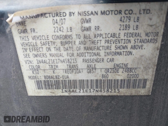 2007 Nissan Altima 2.5 with VIN 1N4AL21E17N458215, listed as a IAAI auction lot 41943990 with 190,234 mi miles. Bid and sale history available at carsss.com. Image 9.