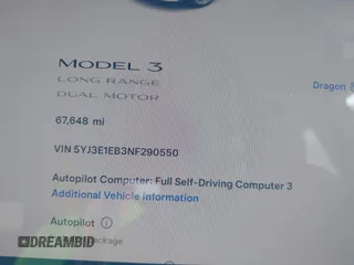 2022 Tesla Model 3 Long Range with VIN 5YJ3E1EB3NF290550, listed as a IAAI auction lot 41826287 with 67,648 mi miles and . Bid and sale history available at DreamBid. Image 7.